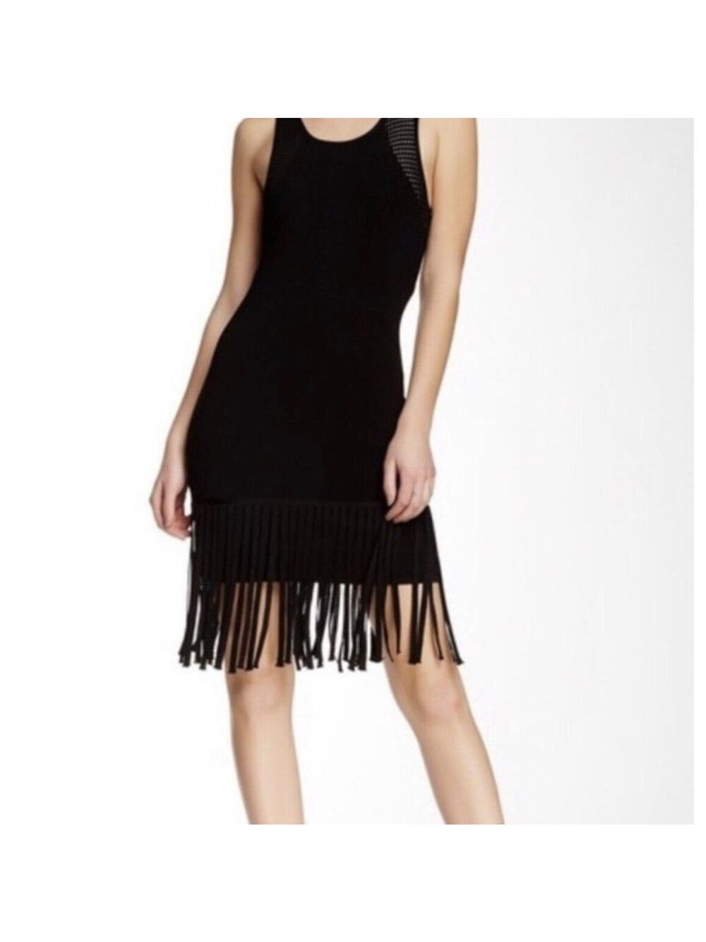 Shoshanna Size S Sleeveless Knit Sheath Dress Fringe Hem Black Gatsby 20s